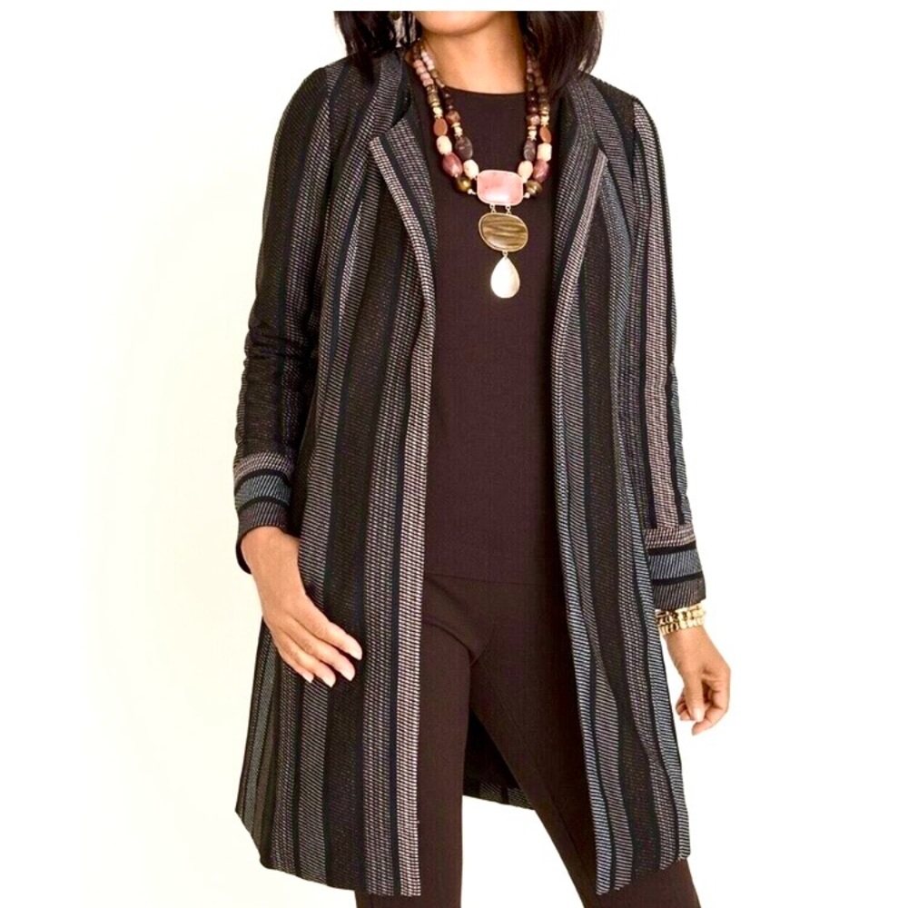 Chico’s Woven Stripe Metalic Unstructured Long Blazer Jacket